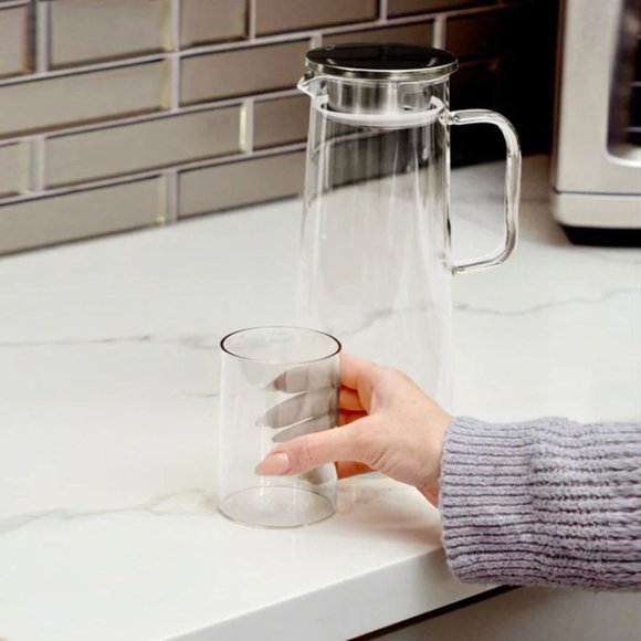 7 Piece Glass Pitcher Set (with Straining Lid, Handle) and 6 Glasses - CLEAR - Picture 2 of 3